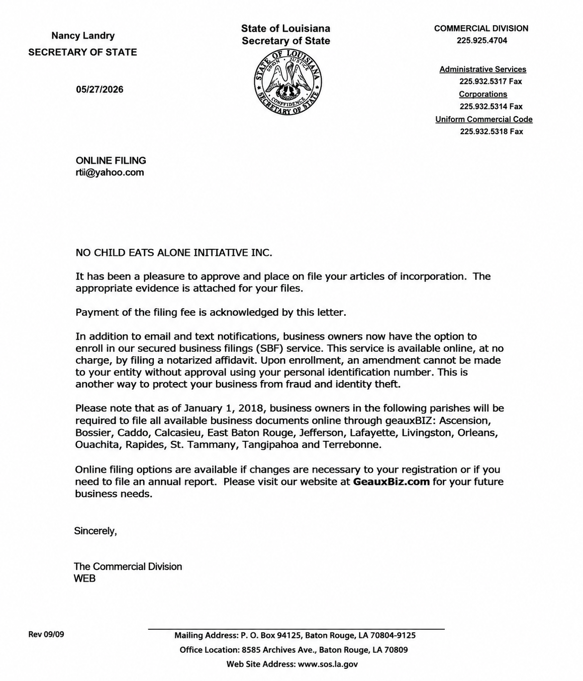 Louisiana Secretary of State approval letter for No Child Eats Alone Initiative Inc.