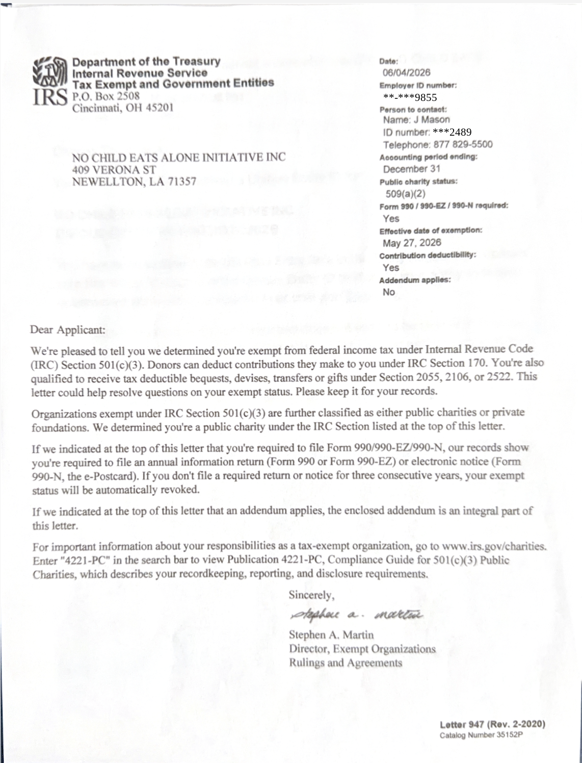 IRS 501(c)(3) determination letter for No Child Eats Alone Initiative Inc.